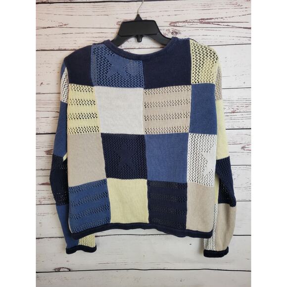 Christopher Banks Y2k Zip Cardigan Sweater Blue Yellow Crochet Colorblock Large - Picture 8 of 10